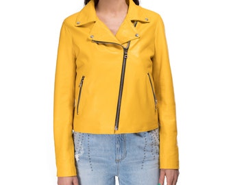 Delivered Duty paid - Italian handmade Women genuine lambskin leather biker jacket slim fit Yellow