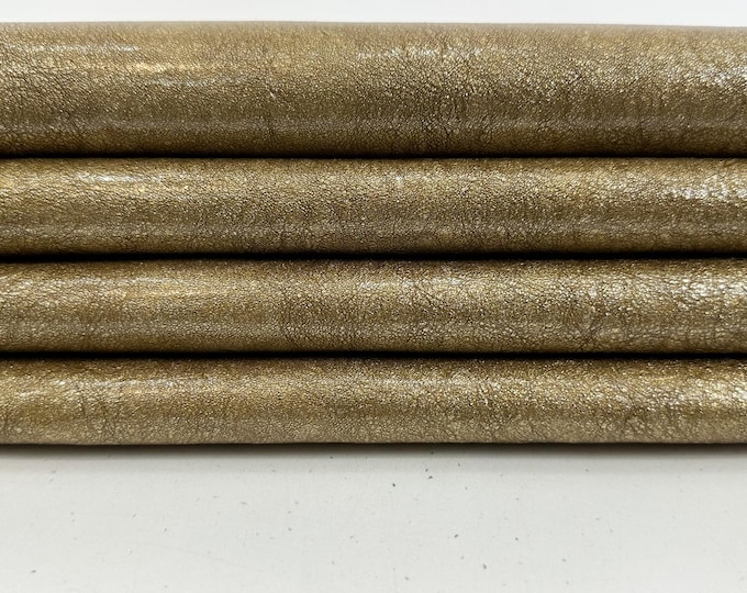METALLIC OLD GOLD Washed Crinkled Patent Coated Thick Italian Goatskin Goat leather pack 2 hides skins total 9sqf 1.1mm #C5937
