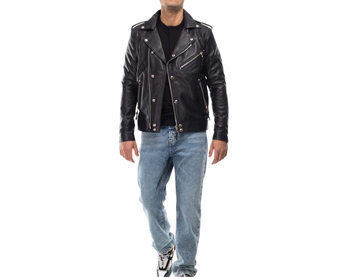 Italian handmade Men genuine lambskin leather biker jacket slim fit Black 2XS to 2XL