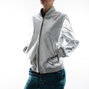 Italian handmade Women genuine lambskin leather bomber jacket METALLIC SILVER