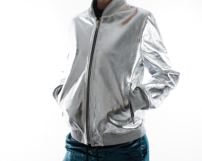 Italian handmade Women genuine lambskin leather bomber jacket METALLIC SILVER