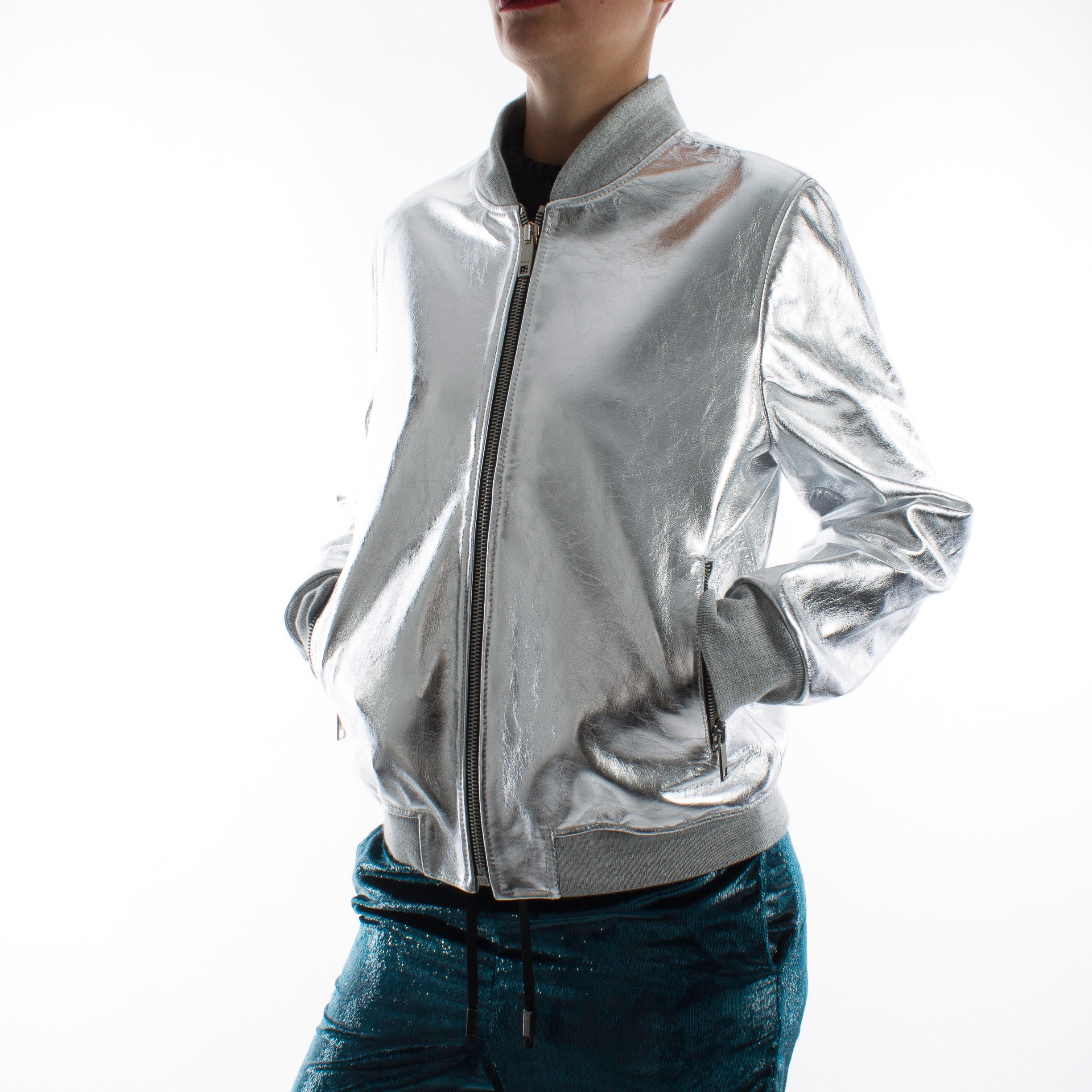 Metallic silver deals bomber jacket womens