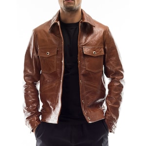 Italian handmade Men genuine lambskin leather jacket brown antiqued S to 2XL
