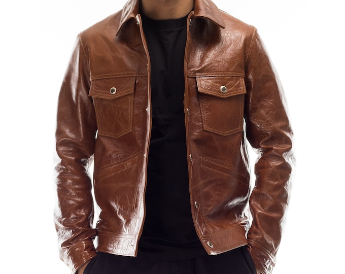 Italian handmade Men genuine lambskin leather jacket brown antiqued S to 2XL