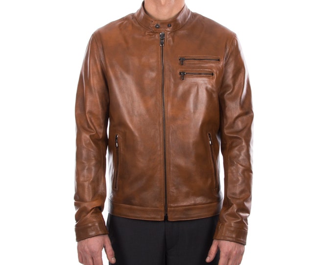 Italian handmade Fantastic slim fit Men soft genuine lambskin leather jacket color tan brown distressed S to 2XL