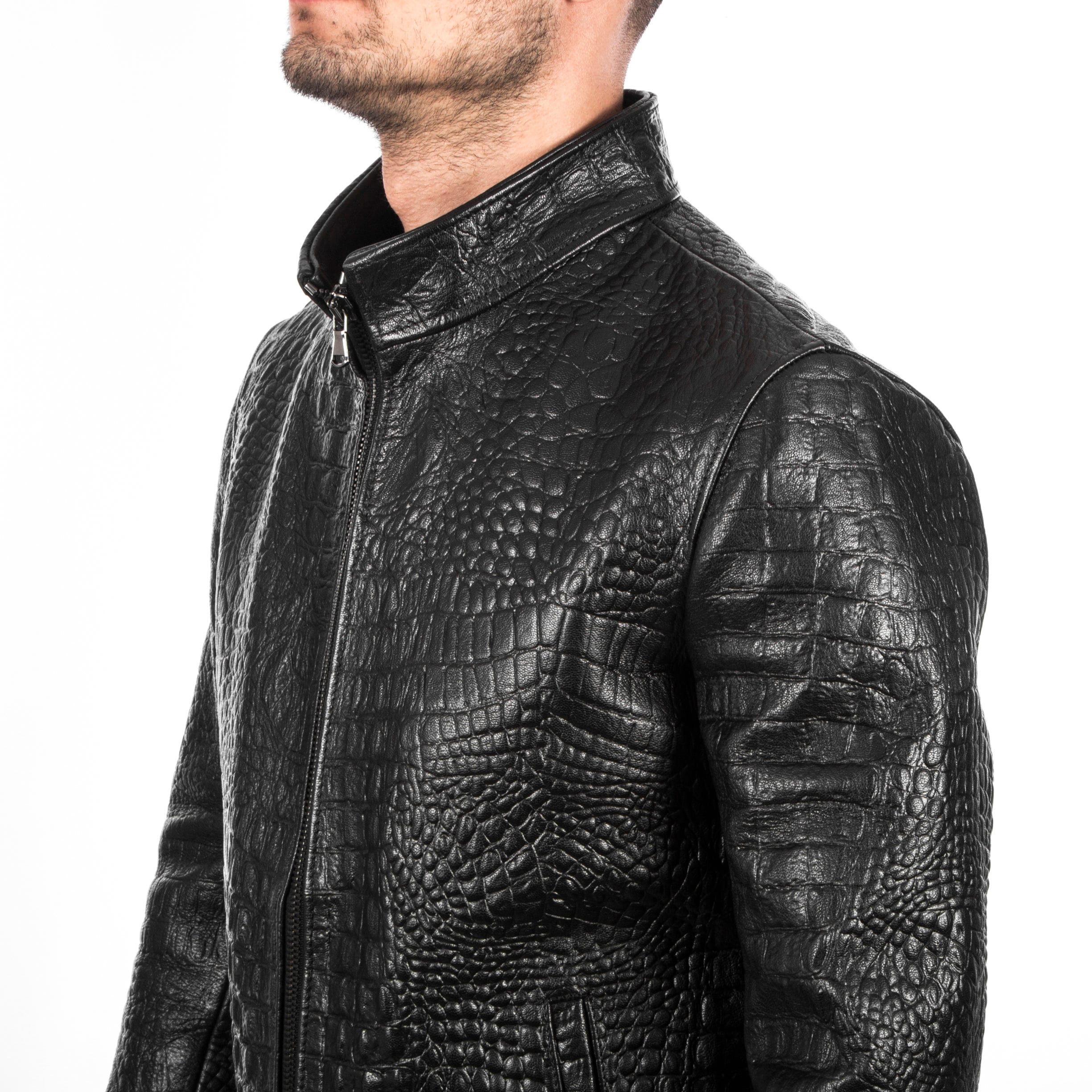 Italian Handmade Men Jacket Slim Fit Alligator Crocodile Embossed Textured On Goatskin Leather