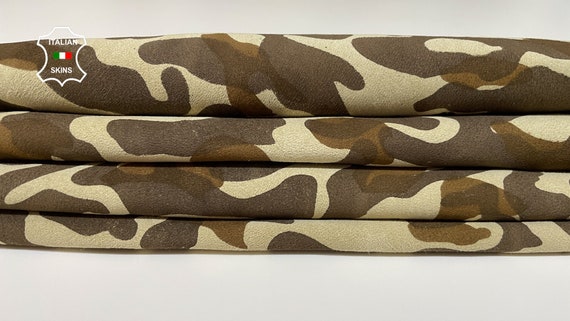 Free FedEx & Duties - BROWN CAMO PRINT On Beige Camouflage Army Thin Soft Italian Lamb Leather skin 6sqf 0.6mm #B2978