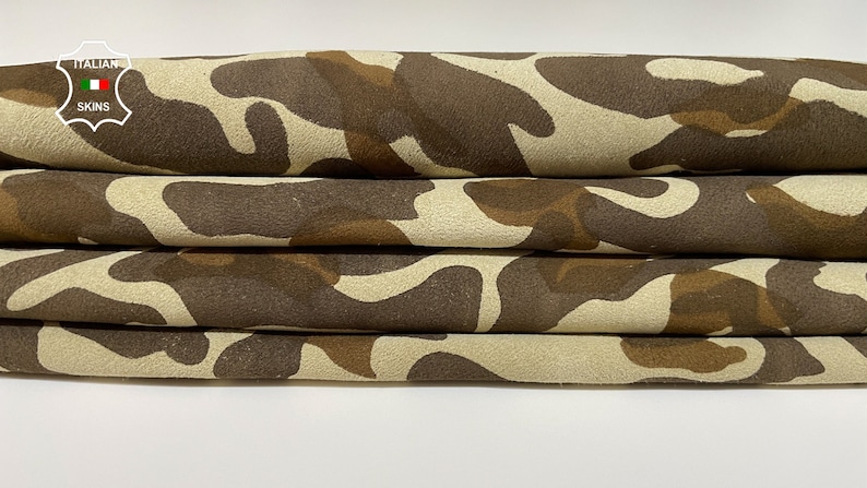 Free FedEx & Duties - BROWN CAMO PRINT On Beige Camouflage Army Thin Soft Italian Lamb Leather skin 6sqf 0.6mm #B2978 image 1