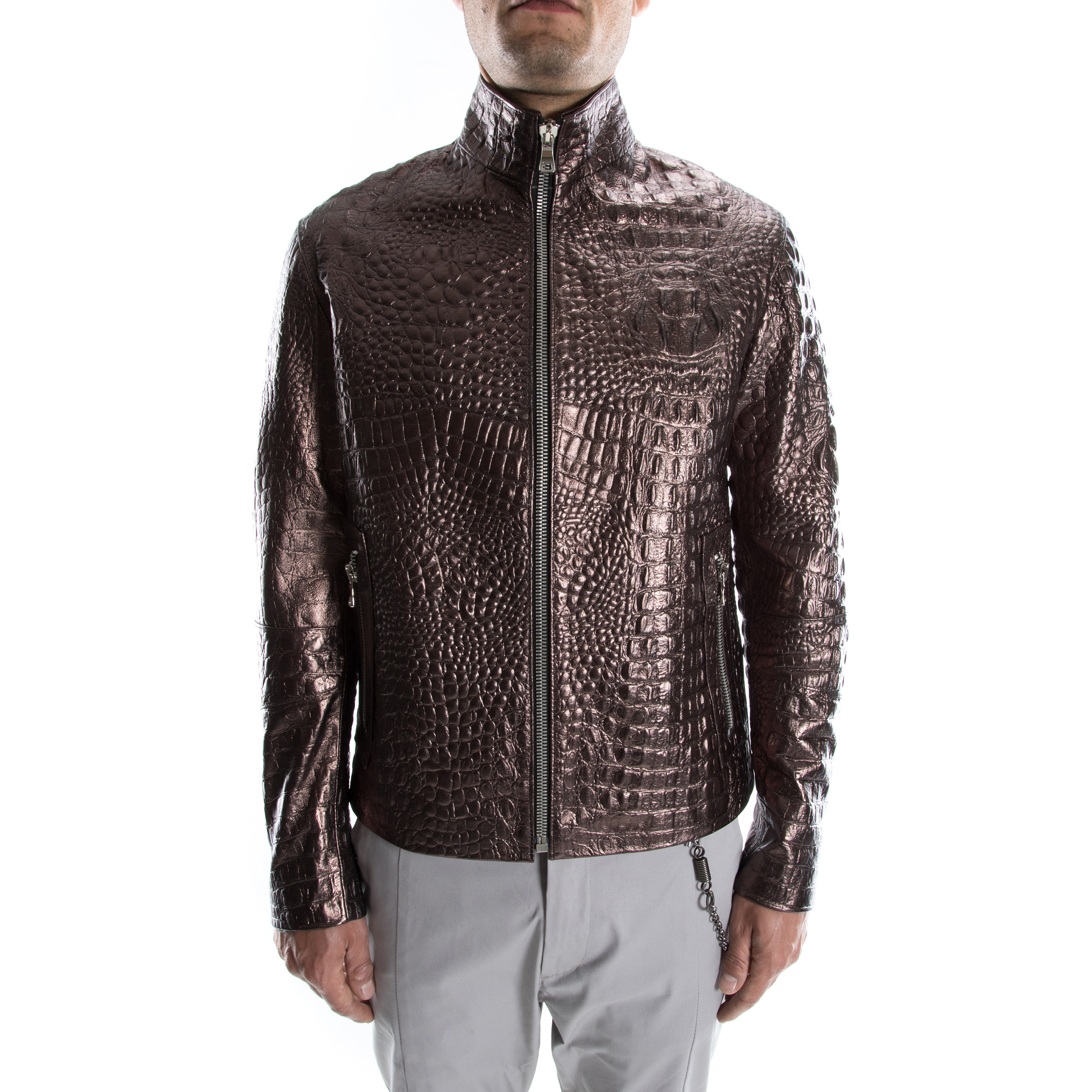 Hand Made Alligator Textured Genuine Leather Jacket for Men 