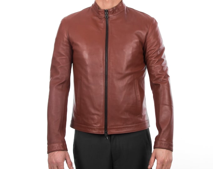 Italian handmade Fantastic slim fit Men soft genuine lambskin leather jacket color  BROWN S to 2XL