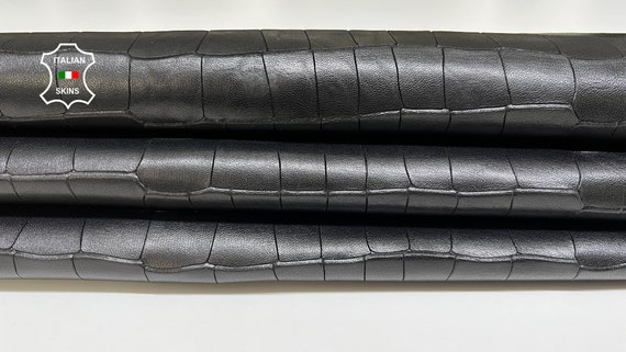Free FedEx & Duties - BLACK CROCODILE TEXTURED Print Embossed On Vegetable Tan Thick Italian Goat leather skin 6+sqf 1.3mm #B5901