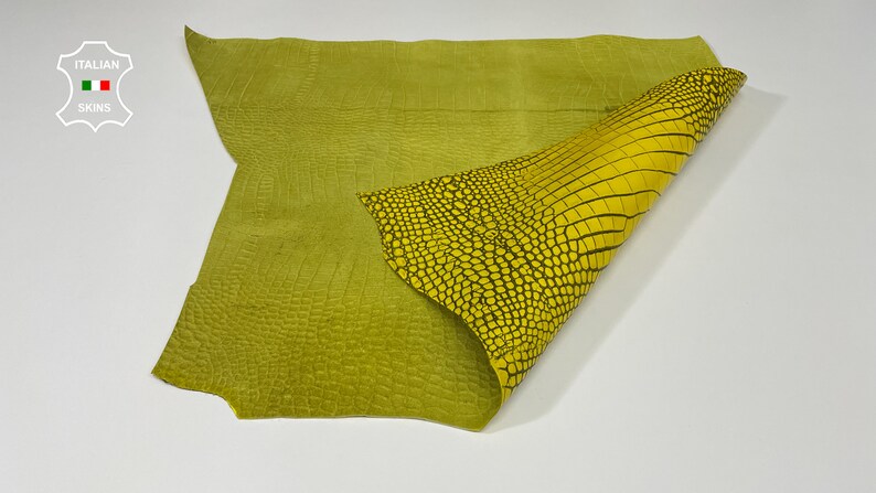 YELLOW CROCODILE TEXTURED Embossed Print On Italian Calfskin Calf Cow Leather hide hides skin skins 1.2mm B2965 image 4