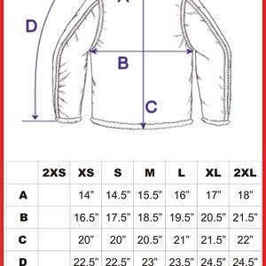 May include: A size chart for a jacket with measurements in inches for the following sizes: 2XS, XS, S, M, L, XL, and 2XL. The measurements are for the following areas: A - back length, B - chest, C - waist, and D - sleeve length.