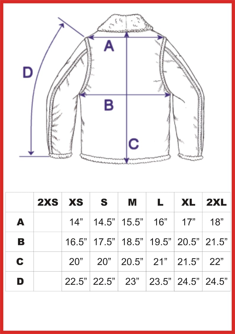 May include: A size chart for a jacket with measurements in inches for the following sizes: 2XS, XS, S, M, L, XL, and 2XL. The measurements are for the following areas: A - back length, B - chest, C - waist, and D - sleeve length.