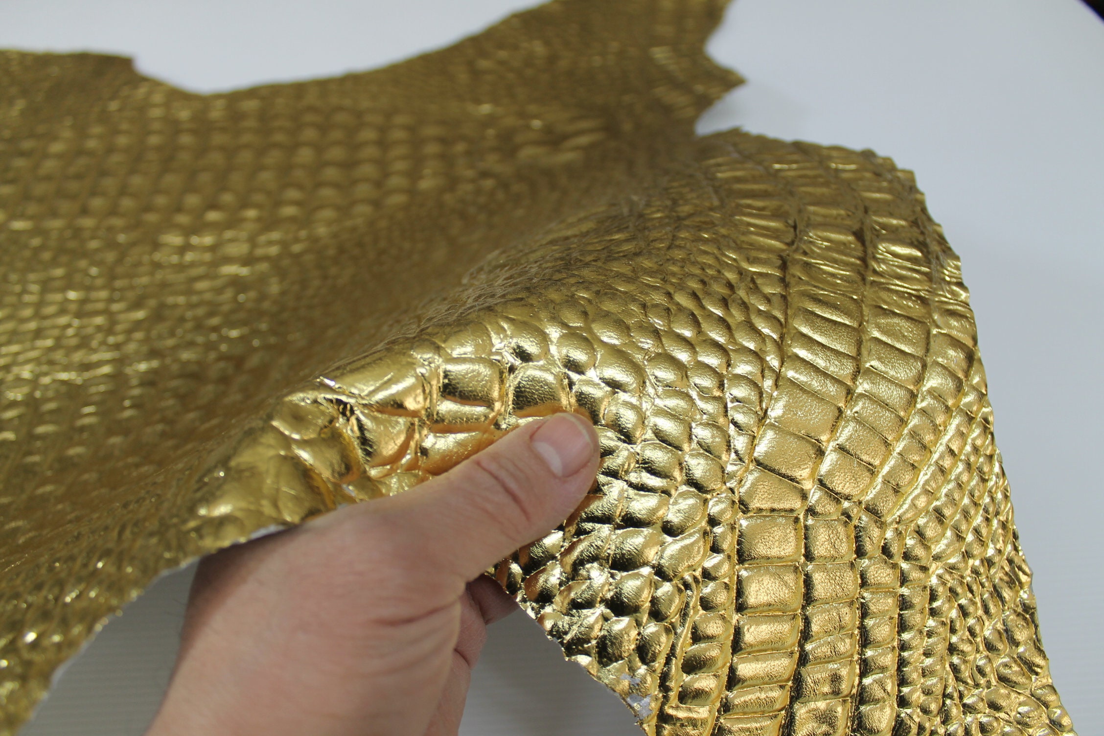 METALLIC GOLD Alligator Crocodile 3D embossed textured Italian Goatskin
