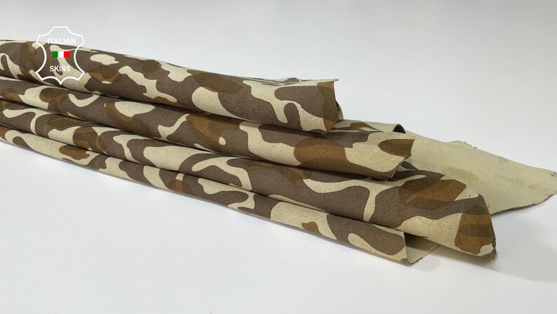 Free FedEx & Duties - BROWN CAMO PRINT On Beige Camouflage Army Thin Soft Italian Lamb Leather skin 6sqf 0.6mm #B2978 image 8