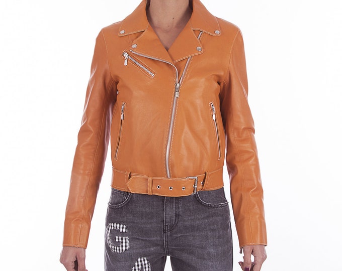 Italian handmade Women soft genuine lambskin lamb leather biker jacket slim fit color Tan