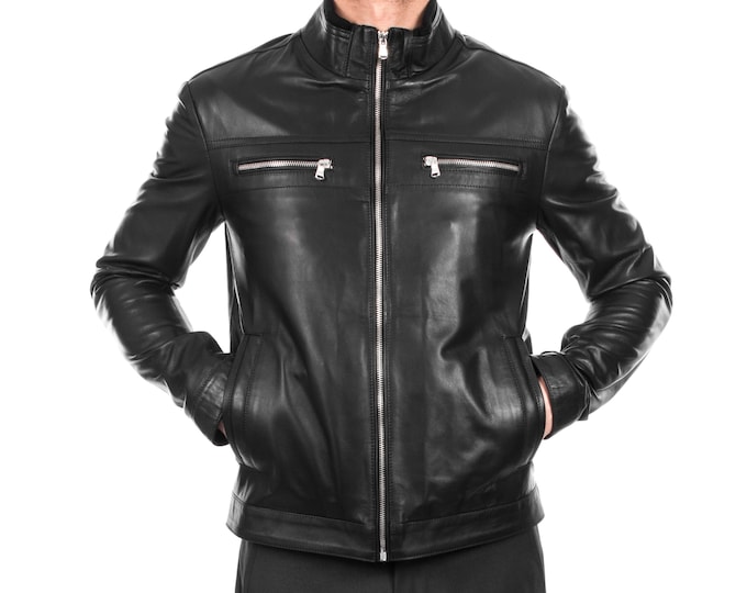 Italian handmade Men soft genuine lambskin leather jacket color Black S to 3XL