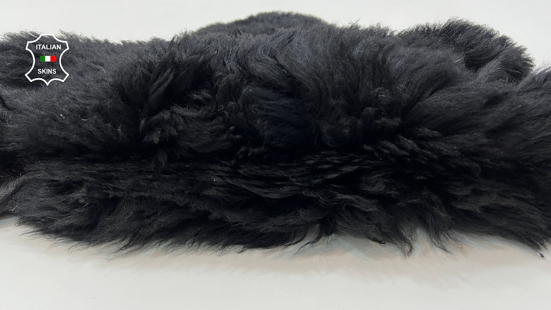 BLACK LONG Hair on Thick Soft Sheepskin Lamb Shearling Fur Hairy Sheep ...