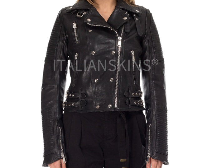 Italian handmade Women genuine leather biker jacket washed black S to 2XL