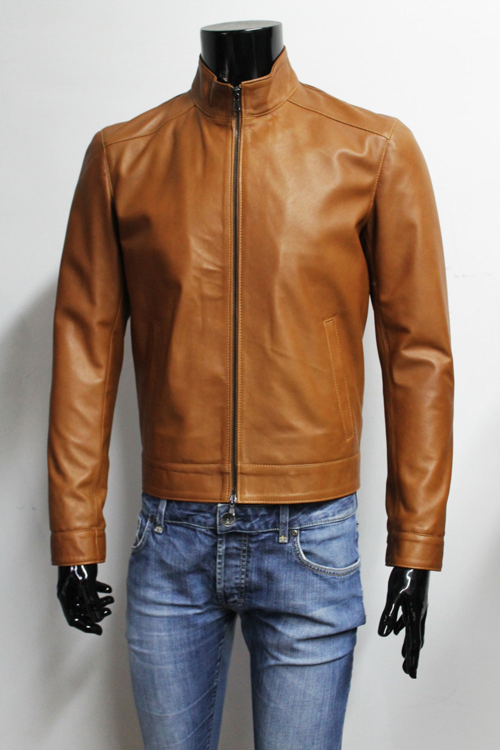 Italian Handmade Men Genuine Lambskin Leather Jacket Color Tan Etsy