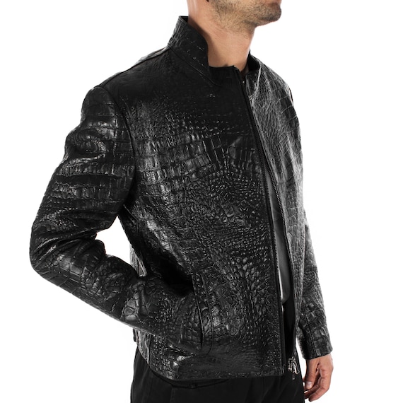 Italian handmade Men leather jacket Black Lambskin embossed