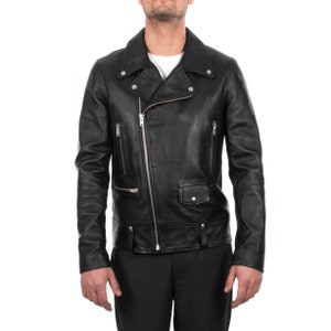 Italian handmade Men genuine lambskin leather biker jacket slim fit color black silver hardware S to 2XL