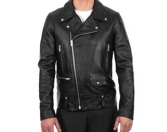 Italian handmade Men genuine lambskin leather biker jacket slim fit color black silver hardware S to 2XL