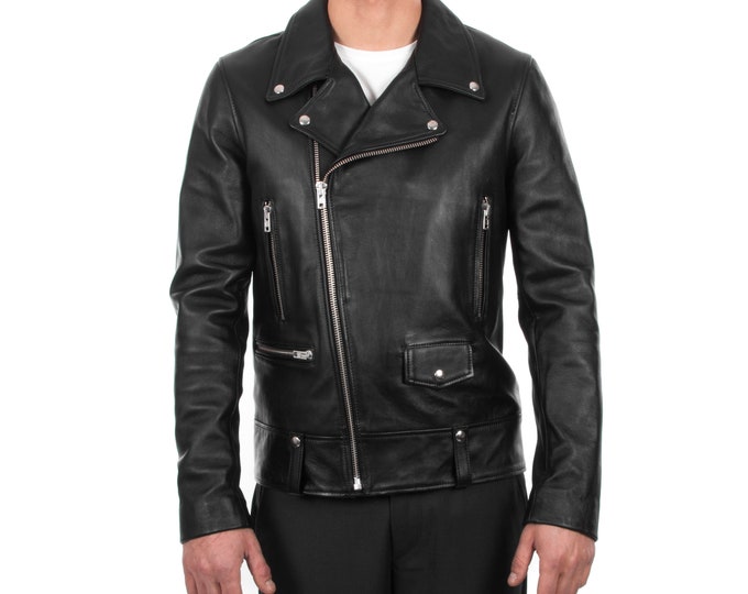 Italian handmade Men genuine lambskin leather biker jacket slim fit color black silver hardware S to 2XL