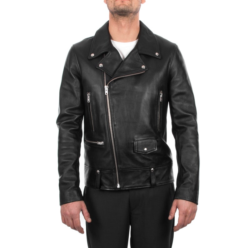 Italian Handmade Men Genuine Lambskin Leather Biker Jacket Image 0