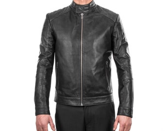 Made in Italy - Men Petrol grey distressed Lamb lambskin grenuine leather biker jacket slim fit