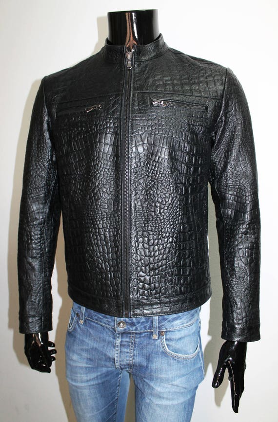 Italian handmade slim fit Men genuine leather jacket black lambskin snake  texture XS to 2XL