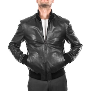 Italian handmade Men soft genuine Goatskin Bomber leather jacket color Black S to XL