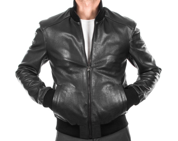 Italian handmade Men soft genuine Goatskin Bomber leather jacket color Black S to XL