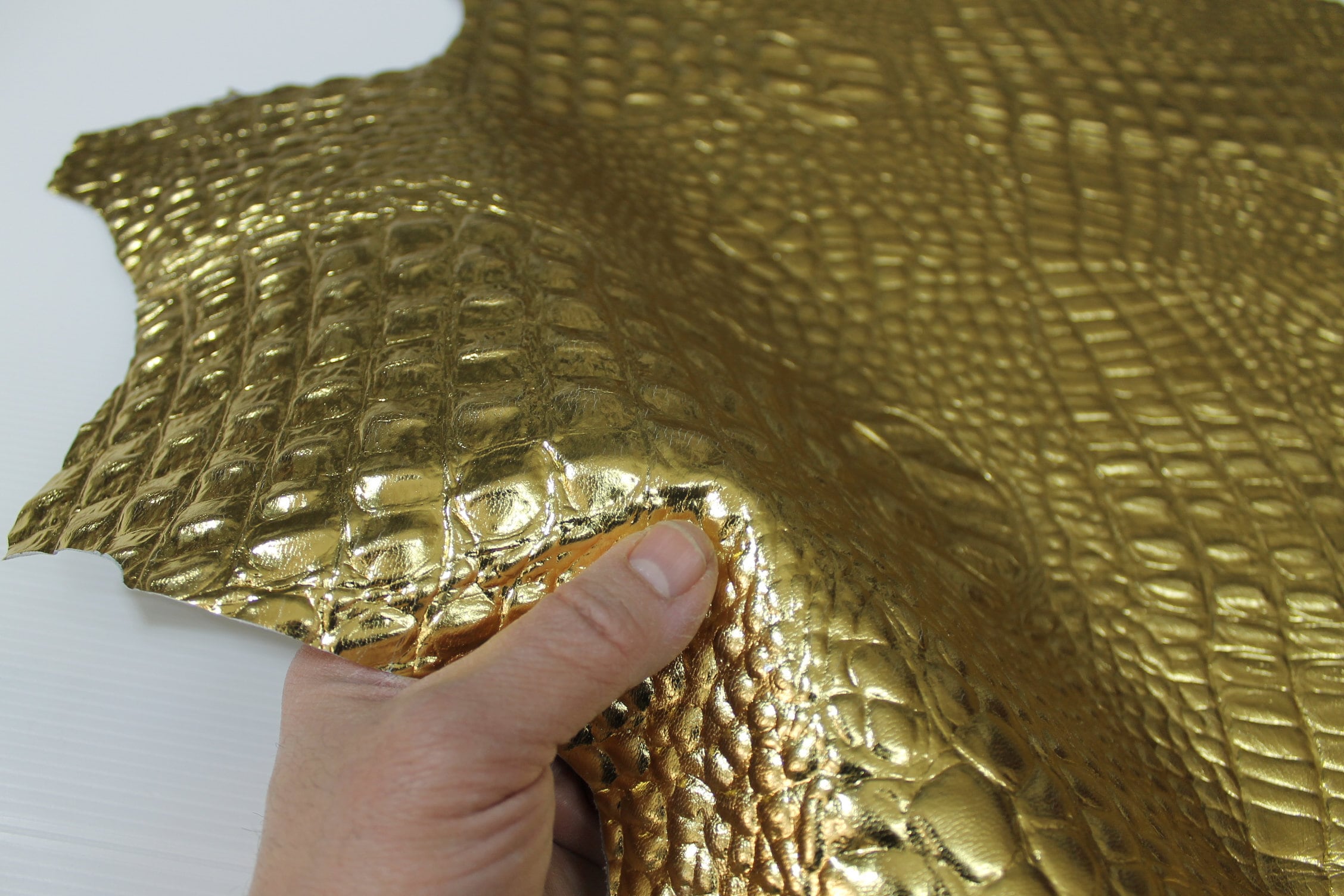 METALLIC GOLD CROCODILE Alligator embossed textured on Italian Goatskin