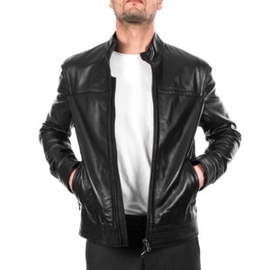 Italian handmade Men genuine lambskin leather jacket casual fit Black S to 3XL
