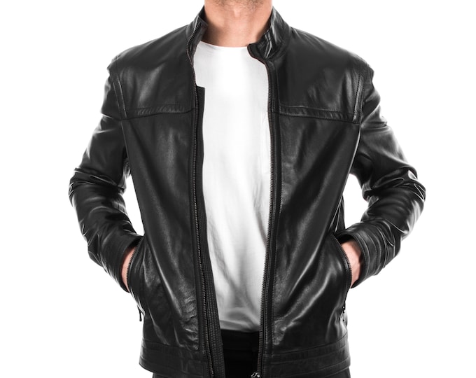 Italian handmade Men genuine lambskin leather jacket casual fit Black S to 3XL