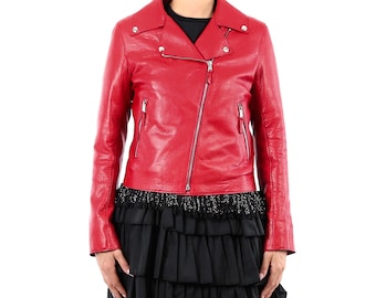 Italian handmade Women soft genuine lambskin lamb leather biker jacket slim fit color natural grainy red
