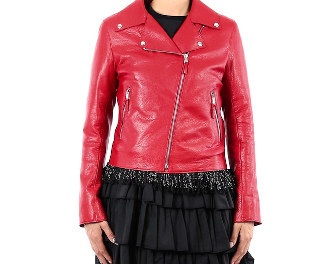 Italian handmade Women soft genuine lambskin lamb leather biker jacket slim fit color natural grainy red