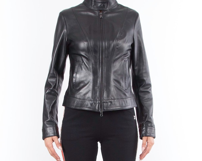 Italian handmade Women soft genuine lambskin leather fitted slim fit jacket color Black
