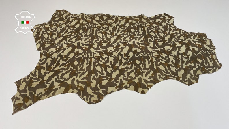Free FedEx & Duties - BROWN CAMO PRINT On Beige Camouflage Army Thin Soft Italian Lamb Leather skin 6sqf 0.6mm #B2978 image 2