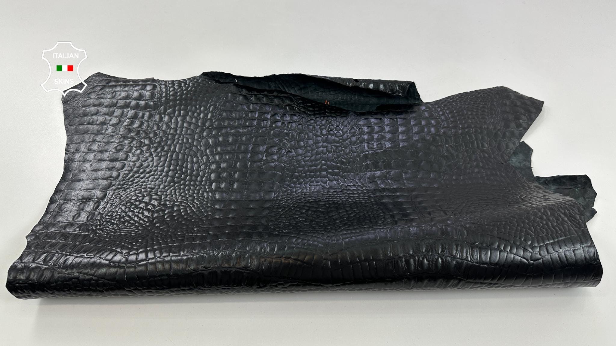 BLACK SHINY CROCODILE Textured Print On Thin Strong Italian Calfskin ...
