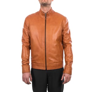 Italian handmade Men genuine lambskin leather jacket Casual fit color Tan S to XL