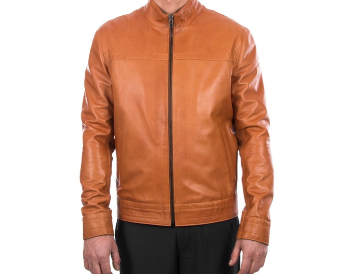 Italian handmade Men genuine lambskin leather jacket Casual fit color Tan S to XL