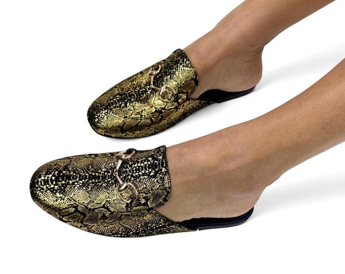 Women Genuine Leather trendy slippers metallic snake print