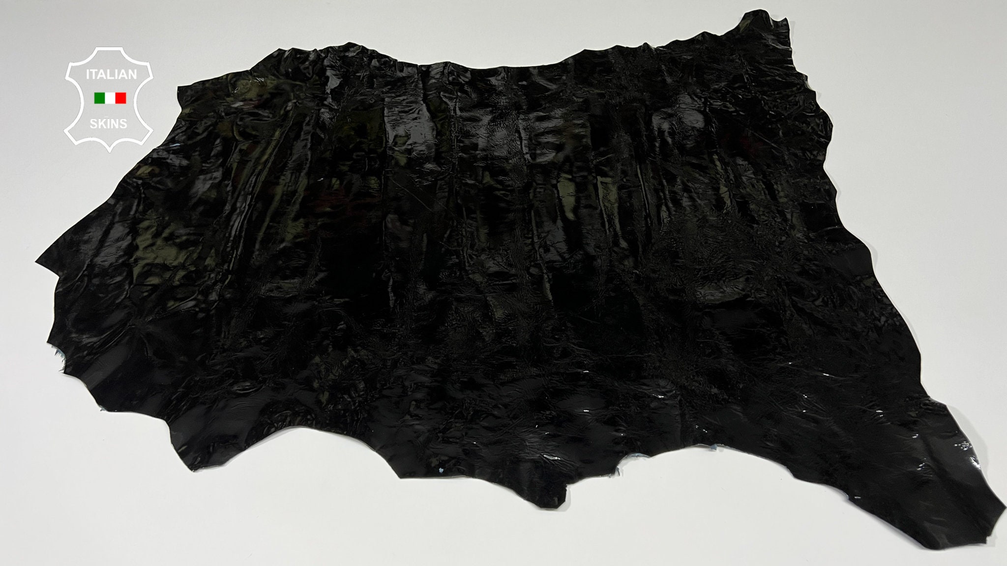 PATENT BLACK CRINKLED Shiny Wet Look Italian Lambskin Lamb Sheep