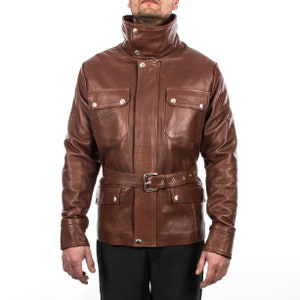 Italian handmade Men lambskin genuine leather jacket belted brown XS to 2XL