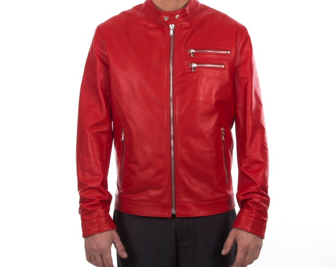 Italian handmade Fantastic slim fit Men soft genuine lambskin leather jacket color RED