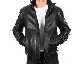 Italian handmade Men soft Genuine lambskin leather bomber jacket color Black comfortable fit