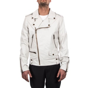 Italian handmade Men genuine lambskin leather biker jacket slim fit color ivory  brass hardware S to 2XL